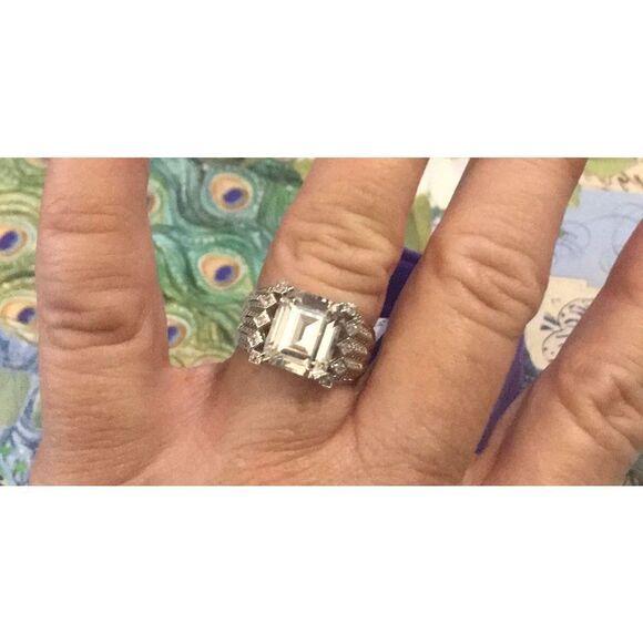 Gorgeous 9.42 Emerald Cut Four Row Wide Sim Diamond Cocktail Ring Sz 9 - Picture 4 of 4
